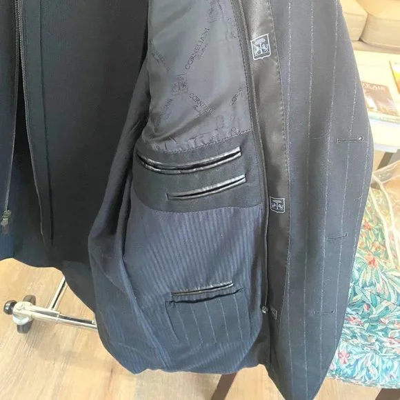 Corneliani Mens black & pin stripe coat with zipper chest piece